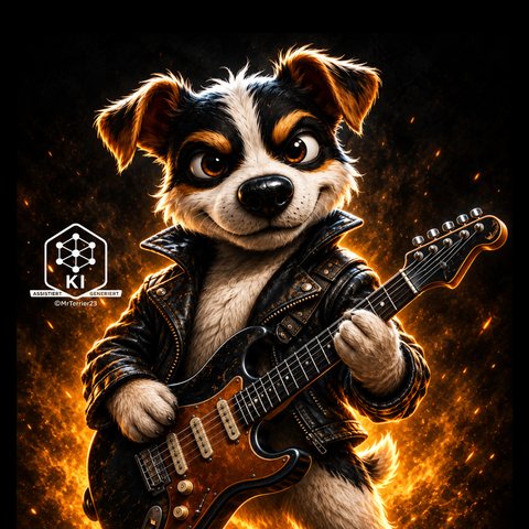 MrTerrier23: Terrier in Lederjacke mit E-Gitarre, KI-Kennzeichnung